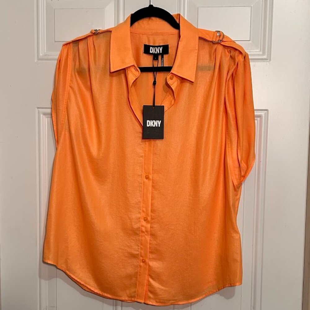 New NWT Top Blouse DKNY Orange /Cantaloupe color gold buckle shoulder straps